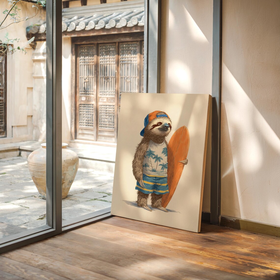 Surfer Sloth Tropical Beachwear Art Print