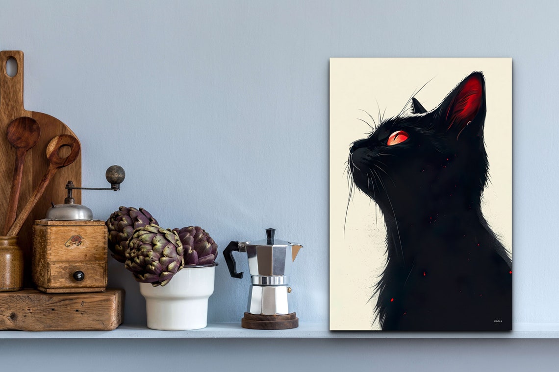 Minimalist Black Cat Silhouette Profile Red Eye Modern Wall Art - Image 3