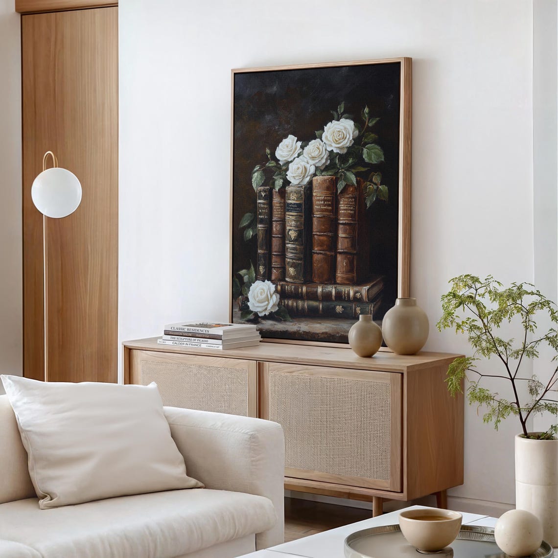 White Roses With Antique Leather Books Dark Floral Still Life Poster - Image 4