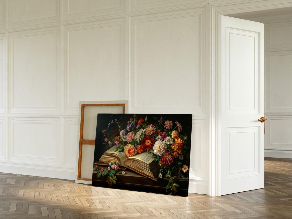Vintage Floral Still Life With Open Book Romantic Botanical Art Poster - Image 2