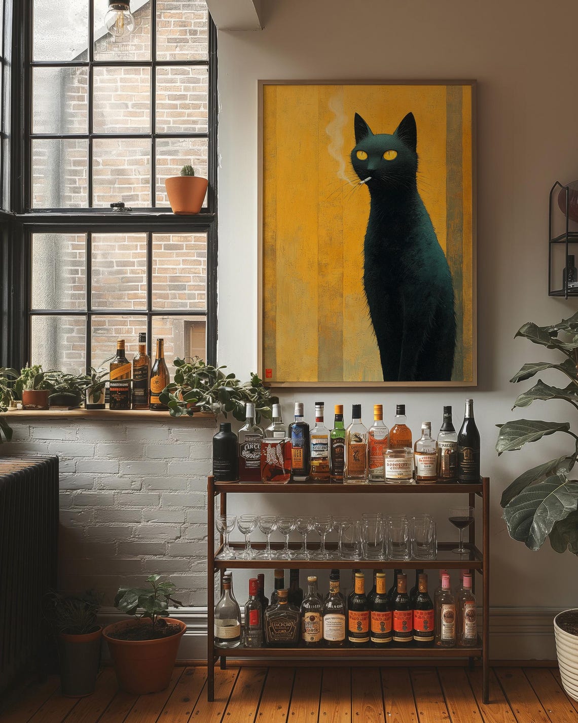 Smoking Black Cat on Mustard Yellow Bold Vintage Feline Wall Art