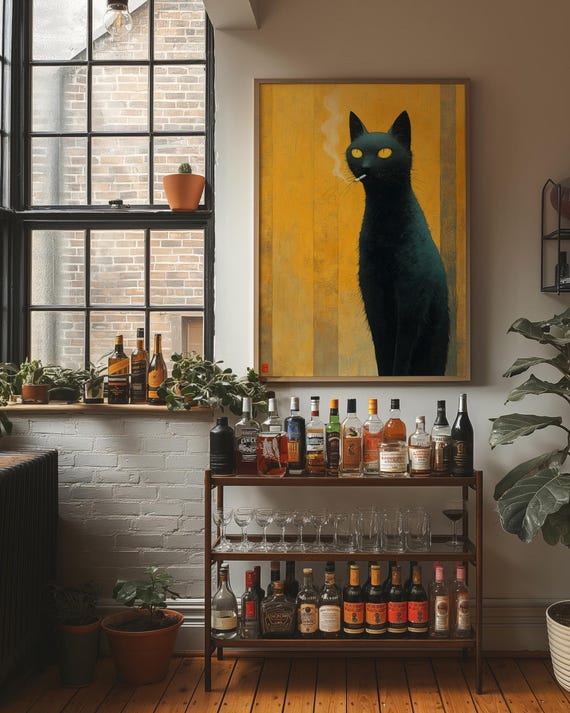Smoking Black Cat on Mustard Yellow Bold Vintage Feline Wall Art
