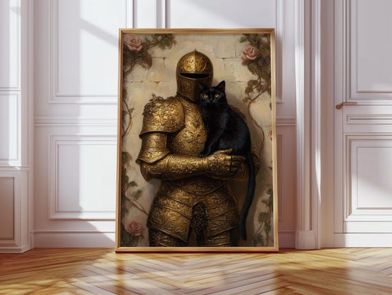 Black Cat On Golden Knight Canvas Art Whimsical Medieval Wall Decor With Armor And Roses Fantasy Lover Gothic Poster Print
