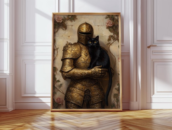 Golden Knight Holding Black Cat Whimsical Medieval Armor Art Poster