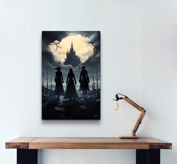 Gothic Castle Under the Full Moon with Three Silhouetted Travelers Poster