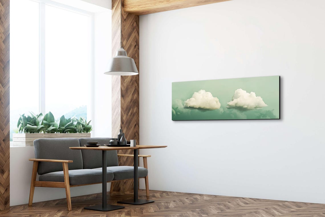 Two Soft Green Clouds on Mint Sky Calm Peaceful Cloudscape Art Poster - Image 3
