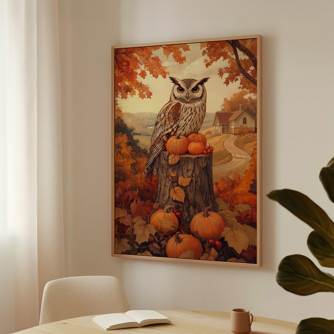 Autumn Owl Rustic Barn Scene, Country Landscape