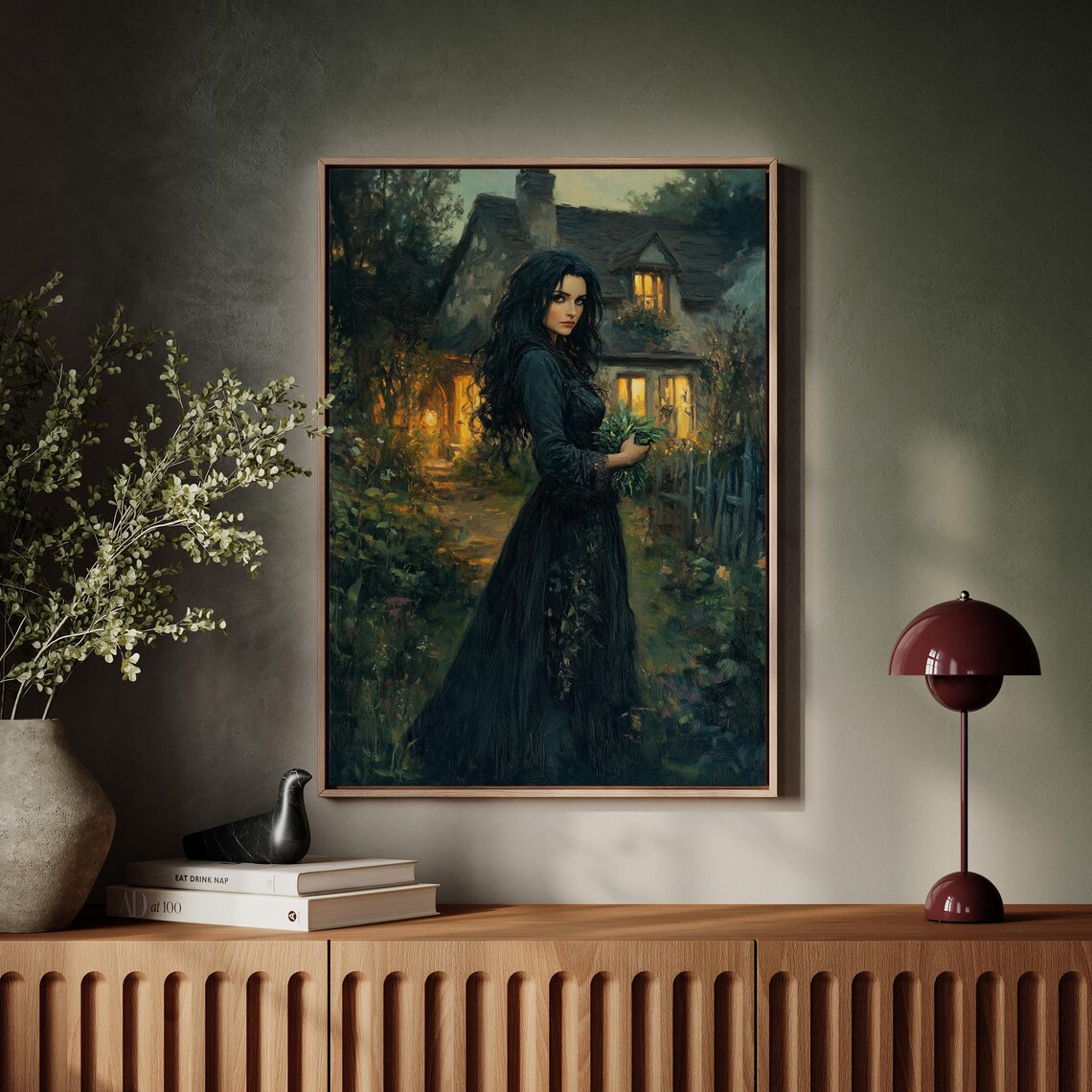 Elegant Woman in Black Gown Outside a Lit Cottage at Night Poster - Image 7
