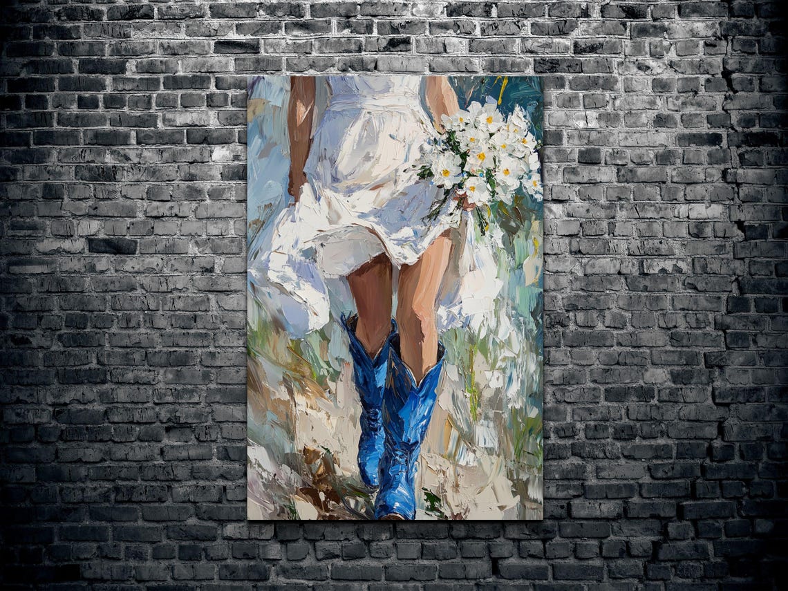 Bride Blue Cowboy Boots Daisy Bouquet Western Wedding Art Poster - Image 2