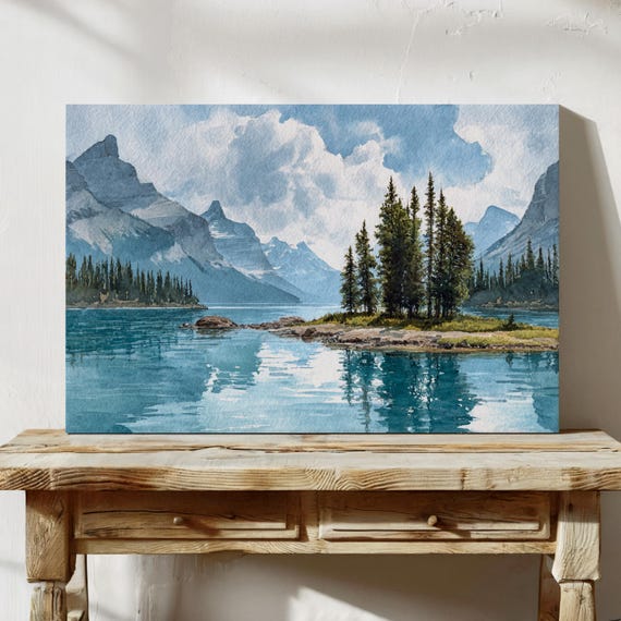 Mountain Lake Canvas Wall Art Watercolor Landscape Painting Of Pines Reflection Blue Waters Nature Decor For Cabin Living Room