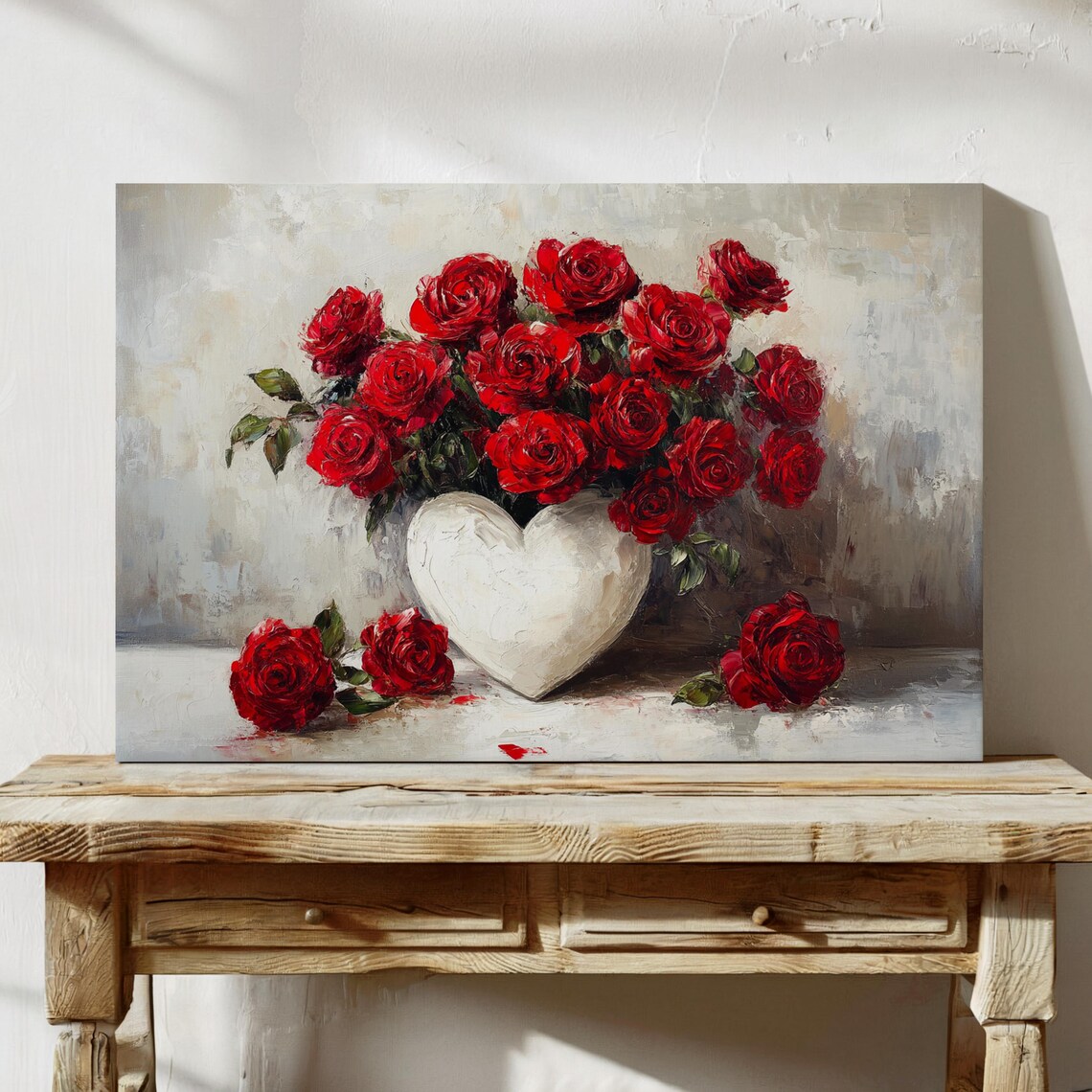 Red Rose Bouquet In White Heart Vase Romantic Oil Painting Poster - Image 3