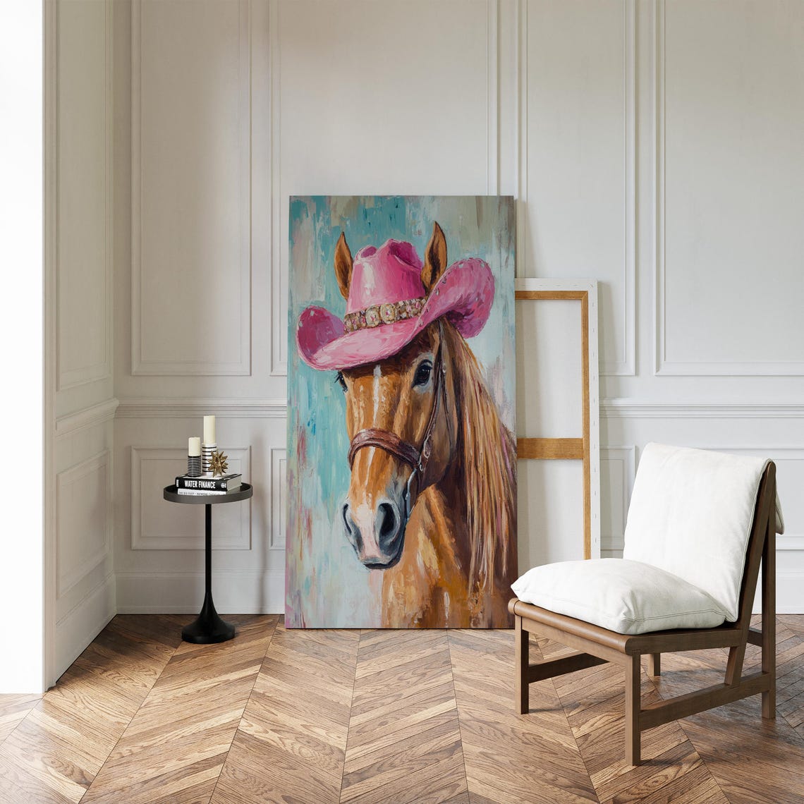 Chestnut Horse in Pink Cowboy Hat Rustic Western Painting Poster - Image 2