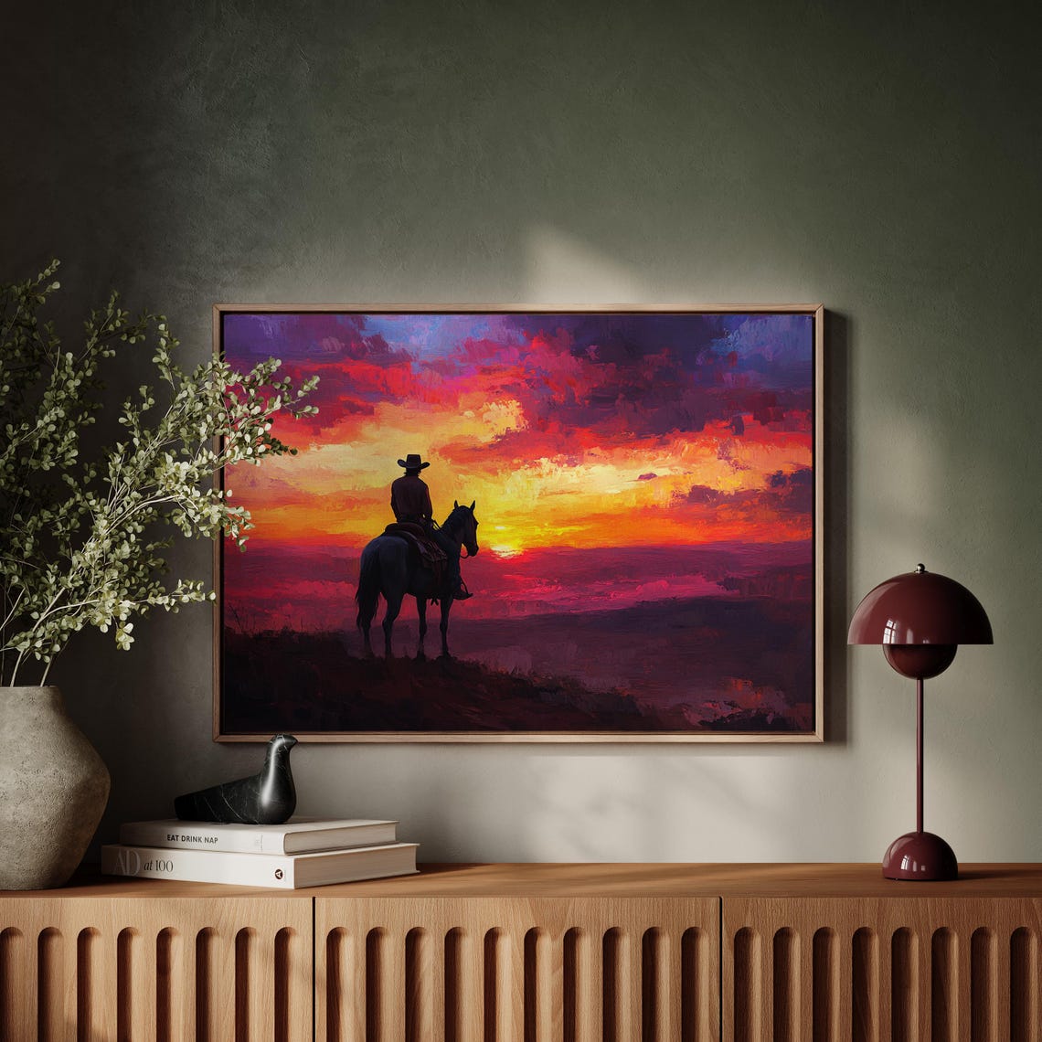 Cowboy At Sunset Art Western Landscape Wall Decor Rustic Prairie Scene Vibrant Sky Poster - Image 4