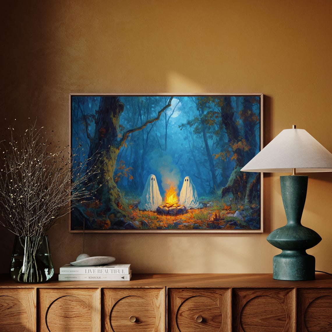 Cute Ghosts by Campfire in Moonlit Blue Forest Halloween Art Poster
