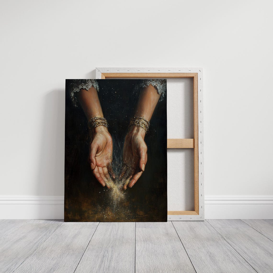 Cupped Hands Releasing Golden Stardust Dark Magical Sparkle Wall Art - Image 3