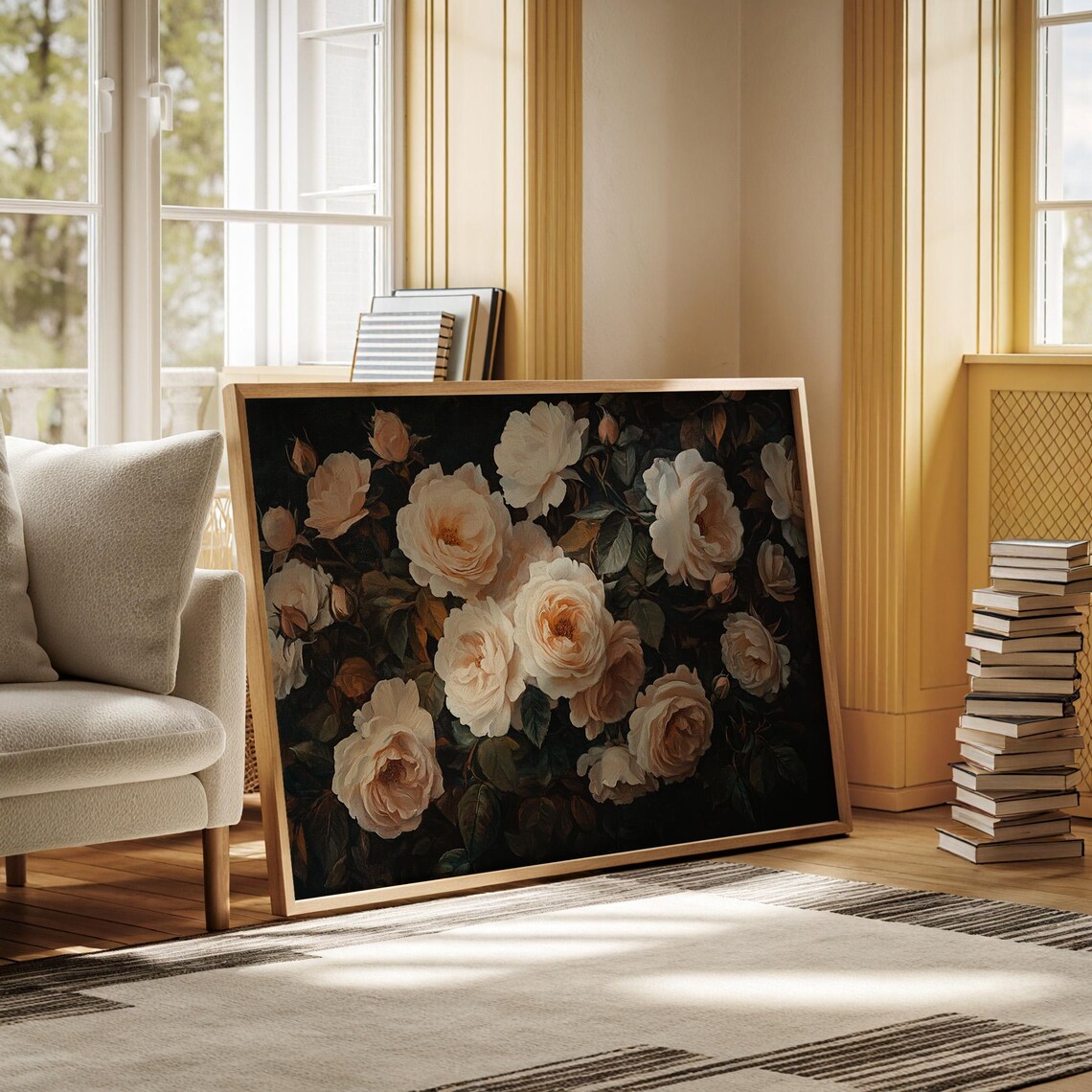 Cream Roses Abundant Blooms On Black Vintage Dark Floral Poster - Image 4