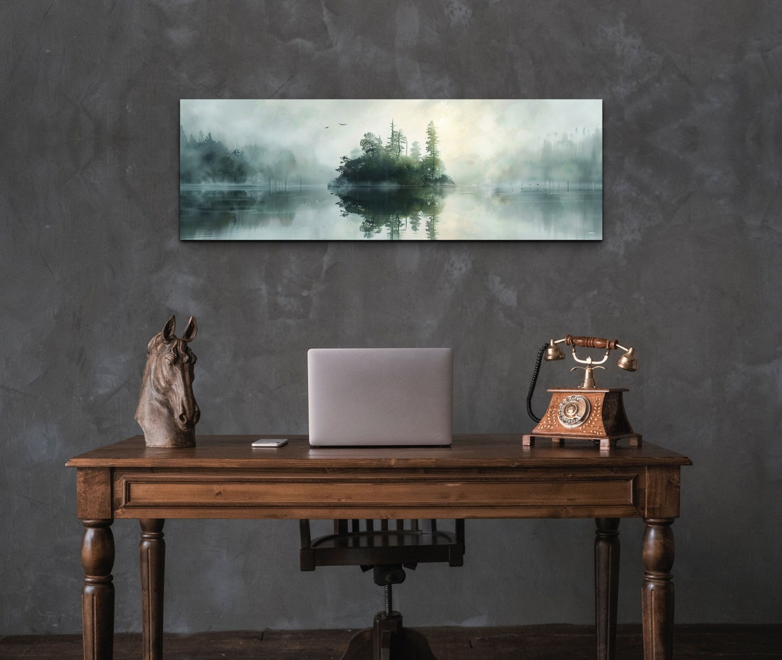 Misty Pine Island On Foggy Still Lake Panoramic Nature Poster - Image 4