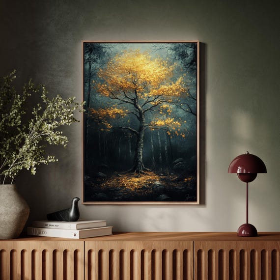 Golden Tree In Mystical Forest Illuminated Nature Enchanted Woodland Wall Art For Cozy Home Dcor