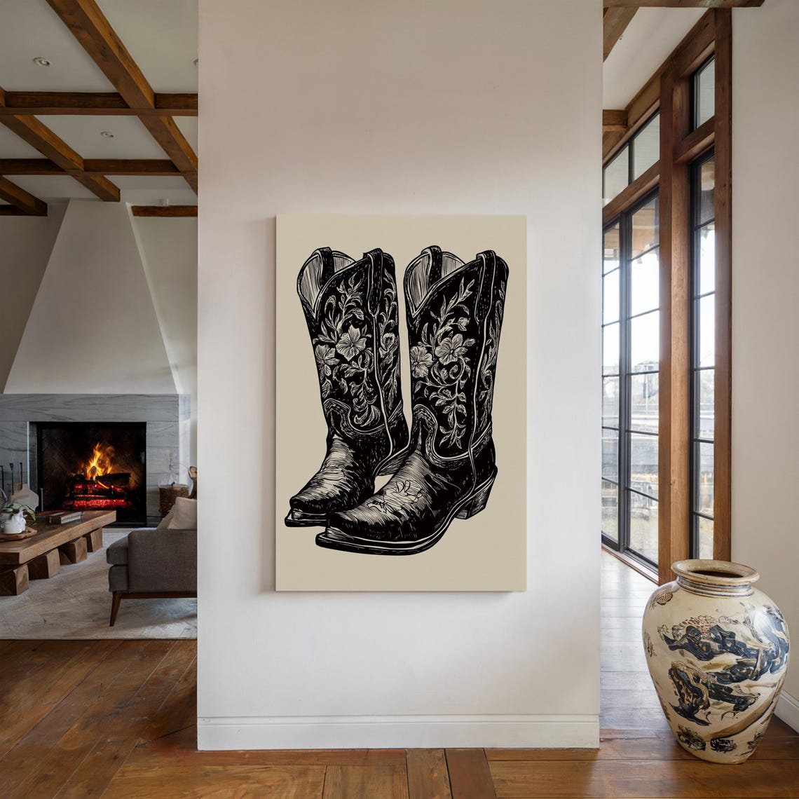 Black Cowboy Boots with White Floral Embroidery Ink Drawing Poster - Image 2