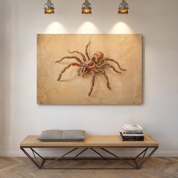 Realistic Tarantula Spider on Cracked Vintage Beige Wall Poster