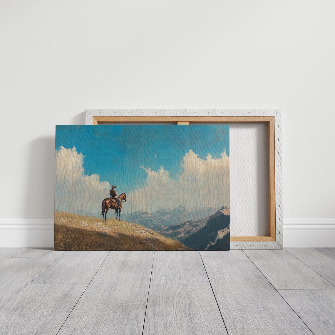 Lone Cowboy on Horseback Overlooking Mountain Range Art Poster - Image 3