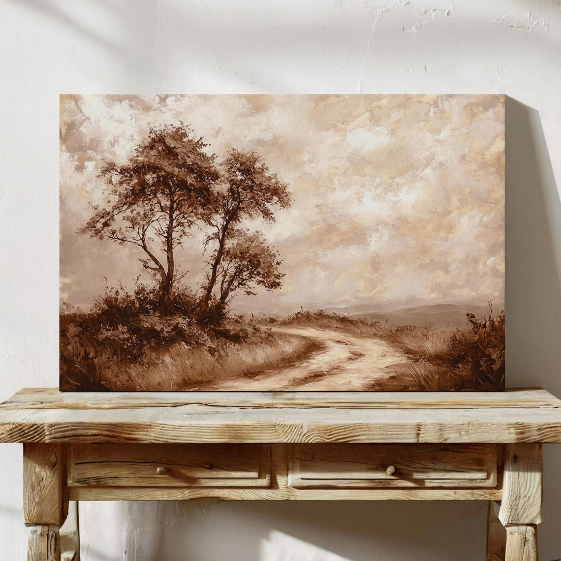 Sepia Winding Dirt Path Through Trees Under a Cloudy Sky Poster - Image 5