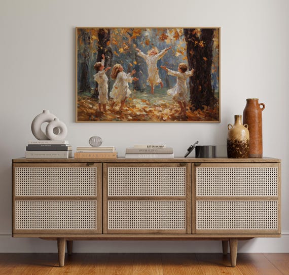 Joyful Children Playing In Autumn Leaves Impressionist Canvas Wall Art Whimsical Fall Painting With Kids Dancing Golden Forest Scene