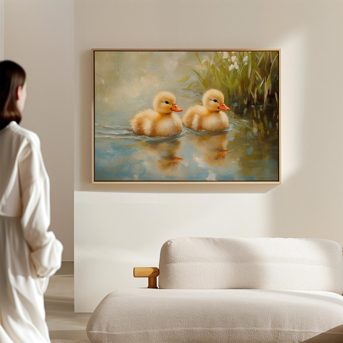 Two Yellow Ducklings Swimming In Pond With Reeds Cute Painting Poster - Image 6
