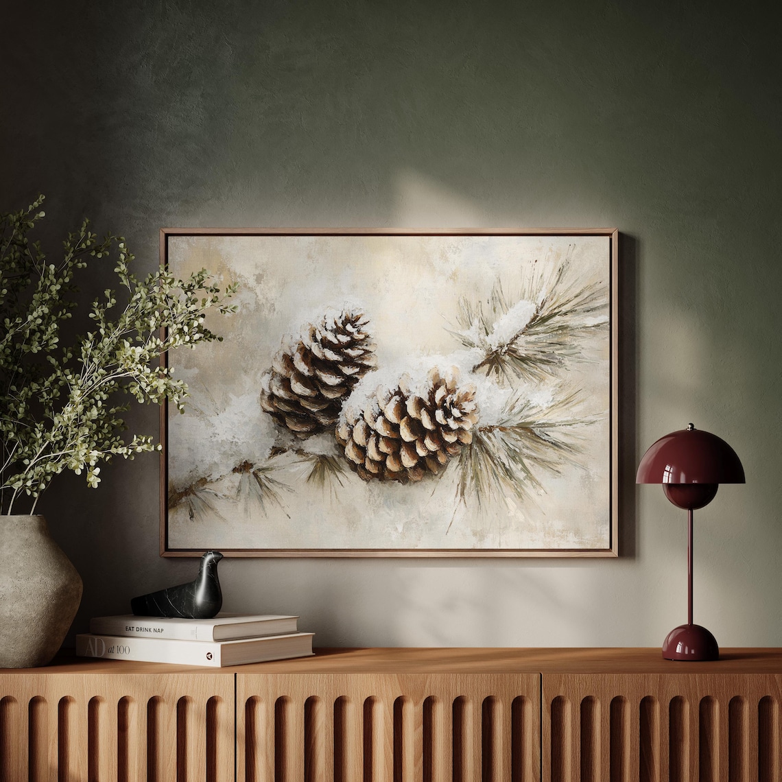 Rustic Pine Cone Winter Snow Dusted Art Print