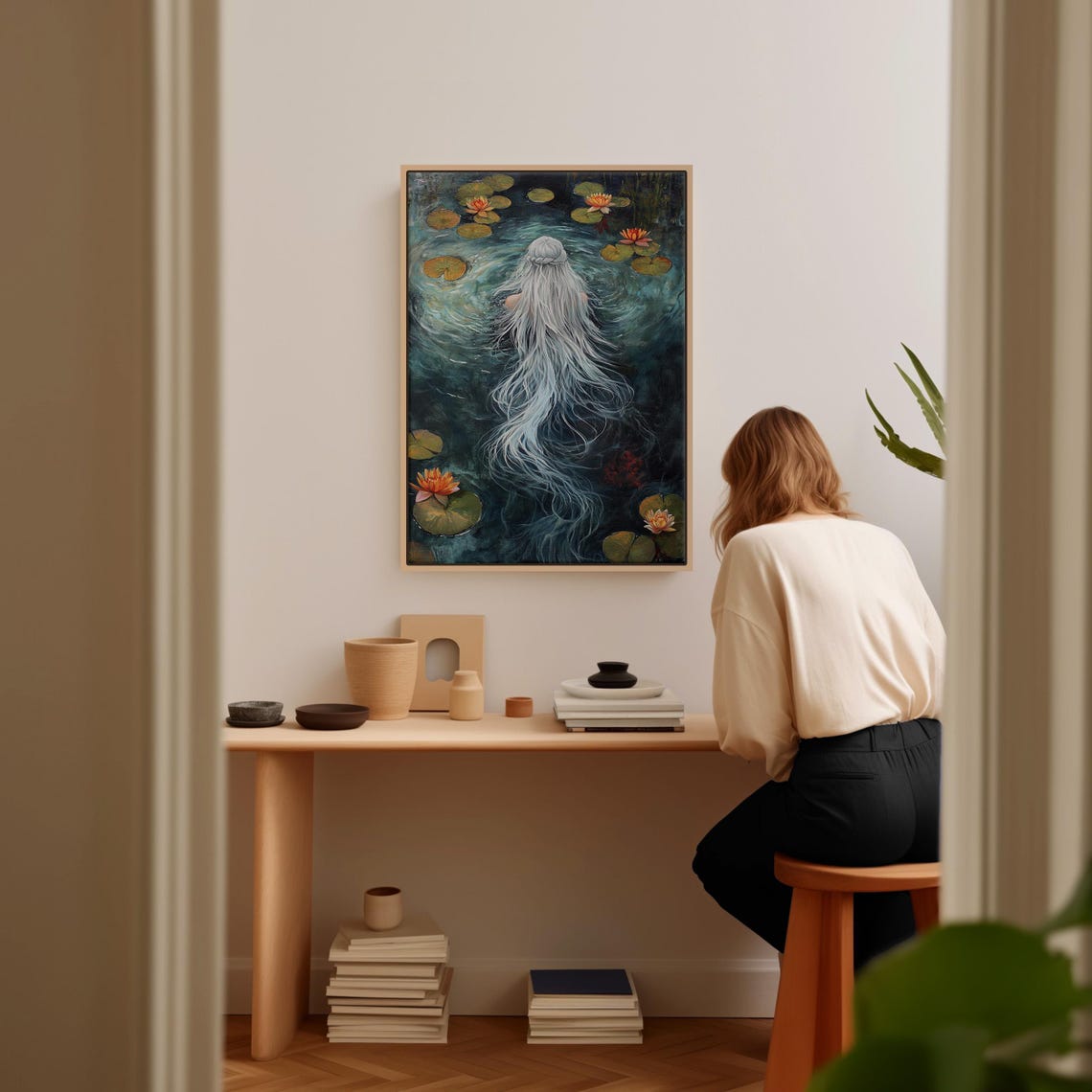 Mystical Water Goddess Flowing Silver Hair Lily Pond Wall Art Poster - Image 2