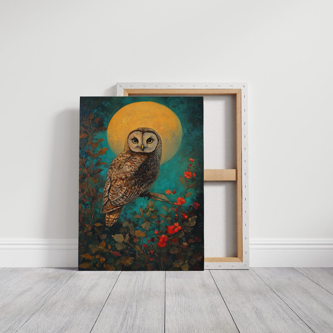 Bohemian Barn Owl Golden Full Moon Teal Red Flowers Woodland Poster - Image 3