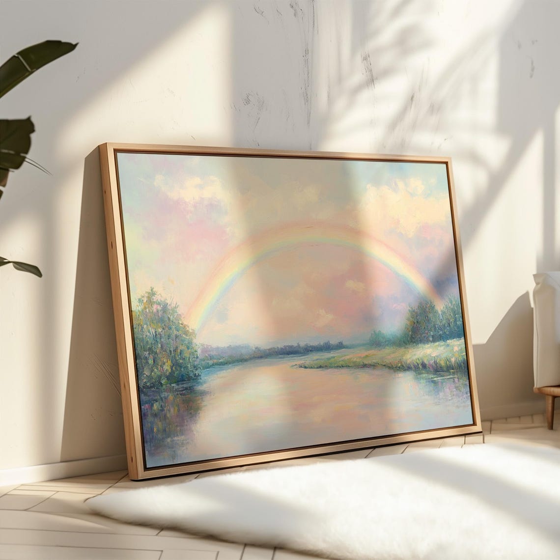 Serene Rainbow Over Calm River Peaceful Pastel Landscape Poster - Image 6