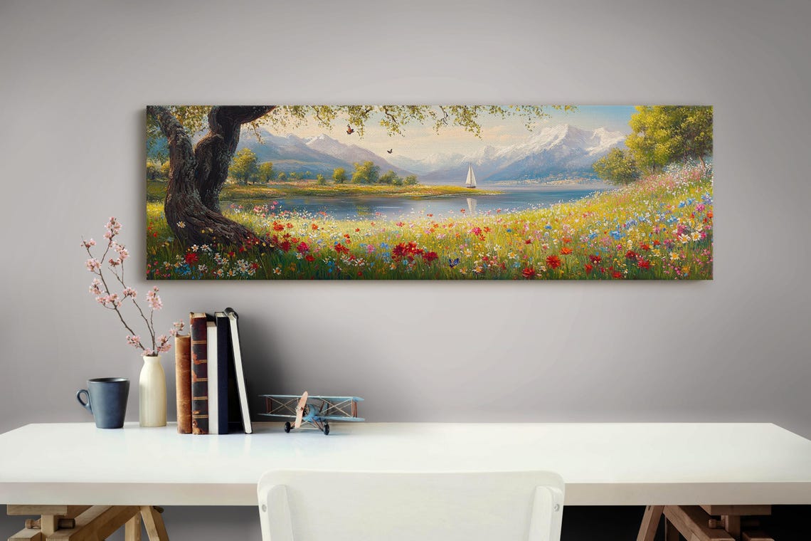 Wildflower Meadow Lake Sailboat Snowy Mountains Butterflies Art Poster - Image 4