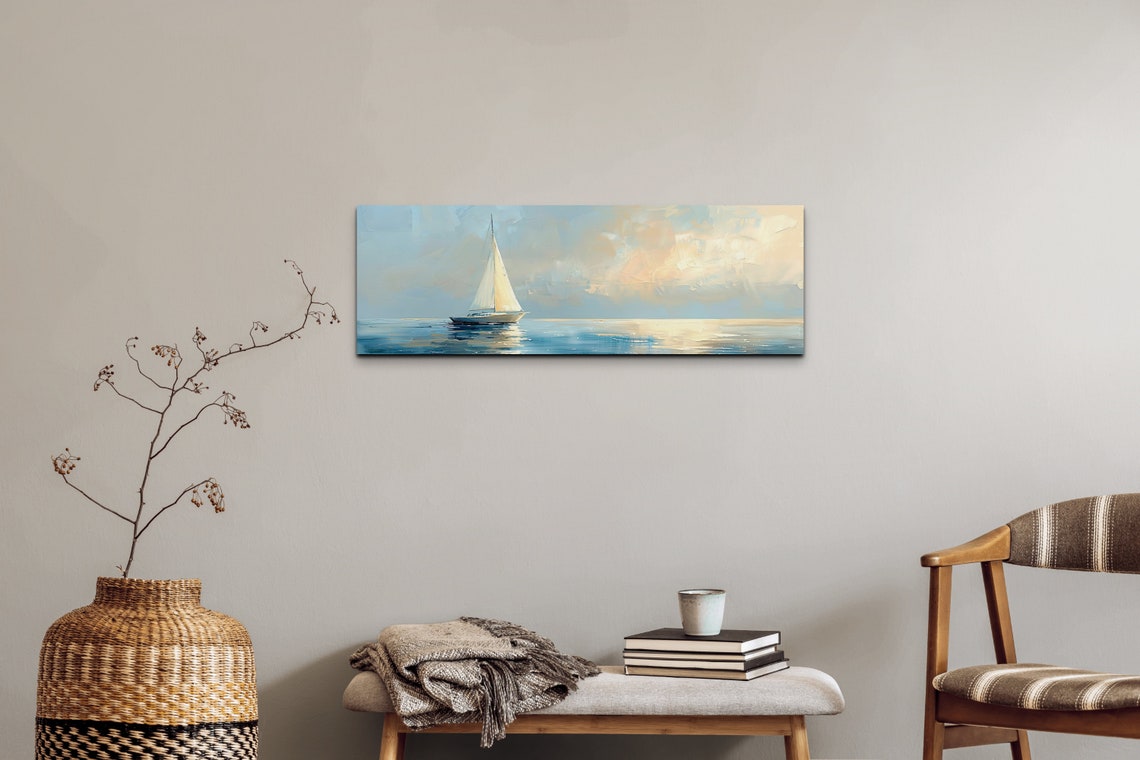 Lone Sailboat On Calm Sea Under Pastel Sky Coastal Art Poster - Image 6