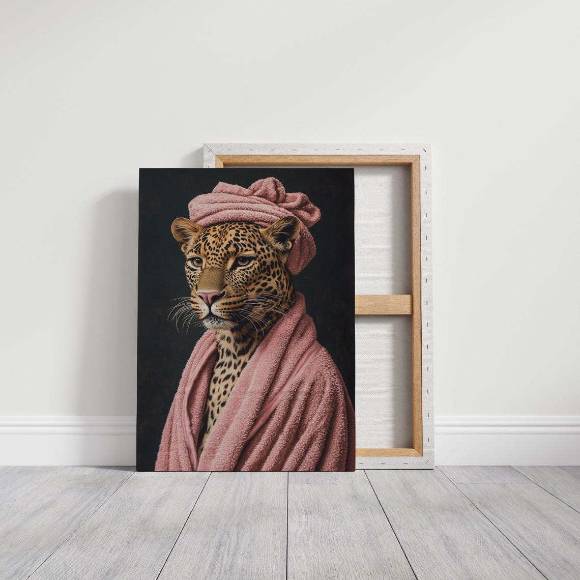 Funny Leopard In Pink Robe And Spa Towel Turban Whimsical Poster - Image 3