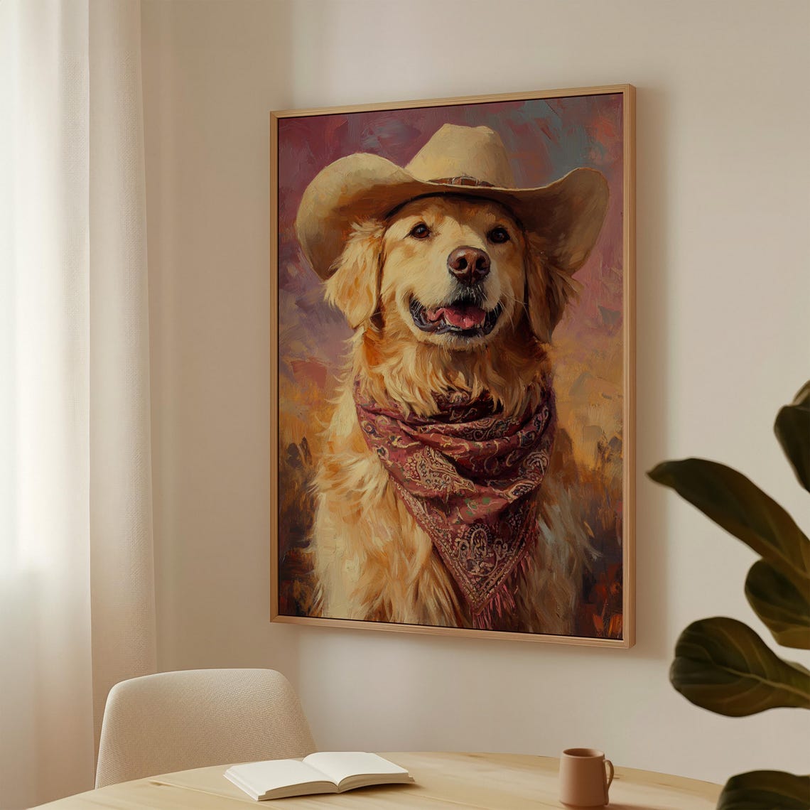 Smiling Golden Retriever in Cowboy Hat and Bandana Western Poster