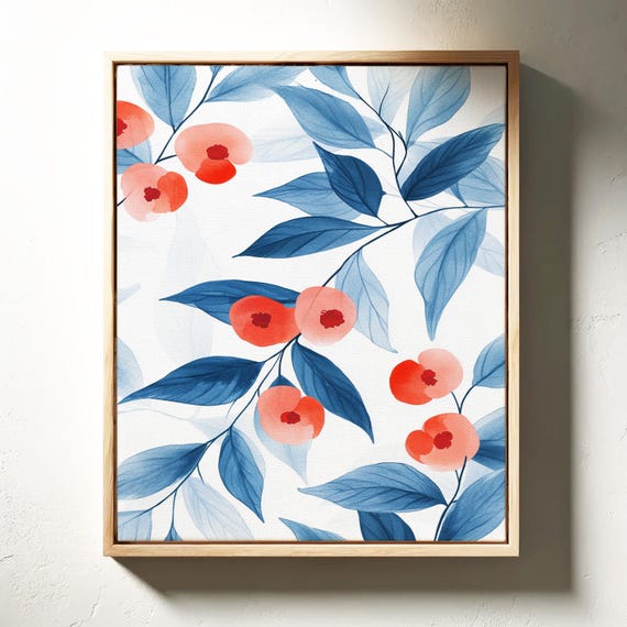 Blue Leaf And Red Blossom Painting Modern Botanical Wall Art