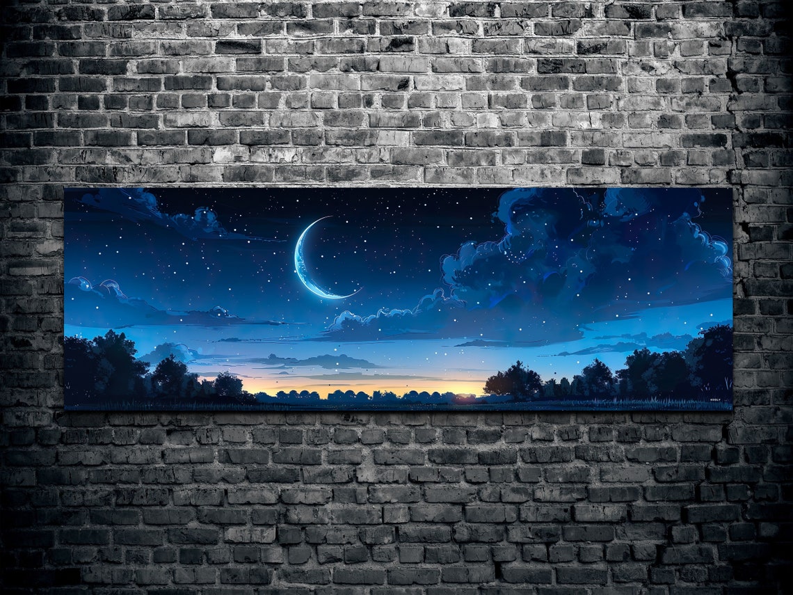Crescent Moon Starry Night Sky Anime Style Panoramic Sky Poster - Image 2