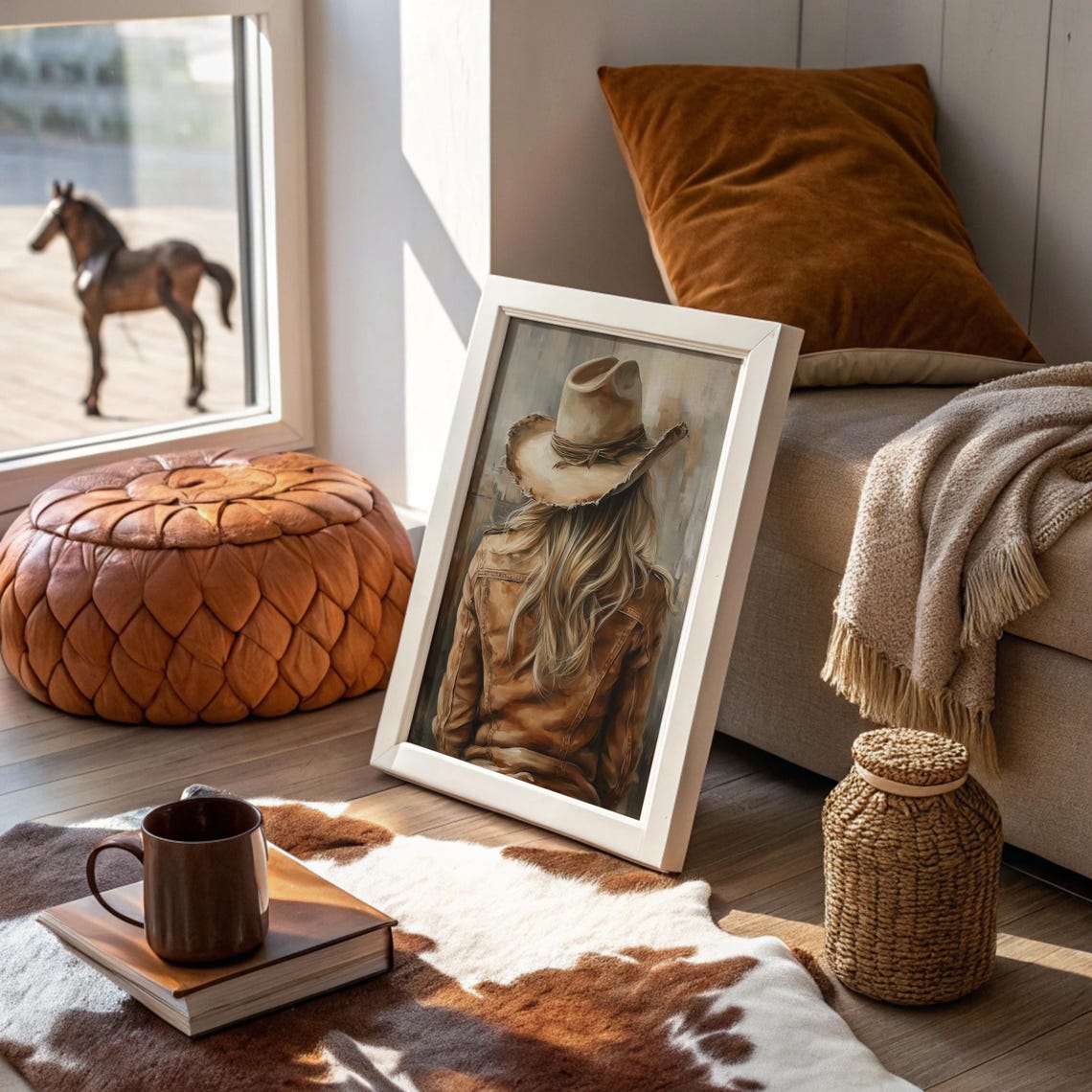 Cowgirl In Weathered Hat Leather Jacket Back View Portrait Art Poster