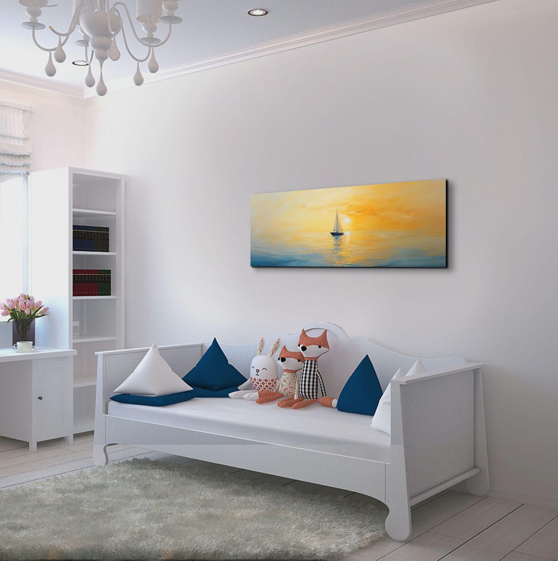Sailboat Sailing Into Golden Sunset Ocean Painting Waves Poster - Image 4