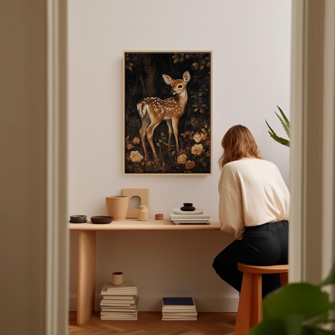 Baby Fawn In Shadowy Forest With Golden Roses Painting Poster - Image 3