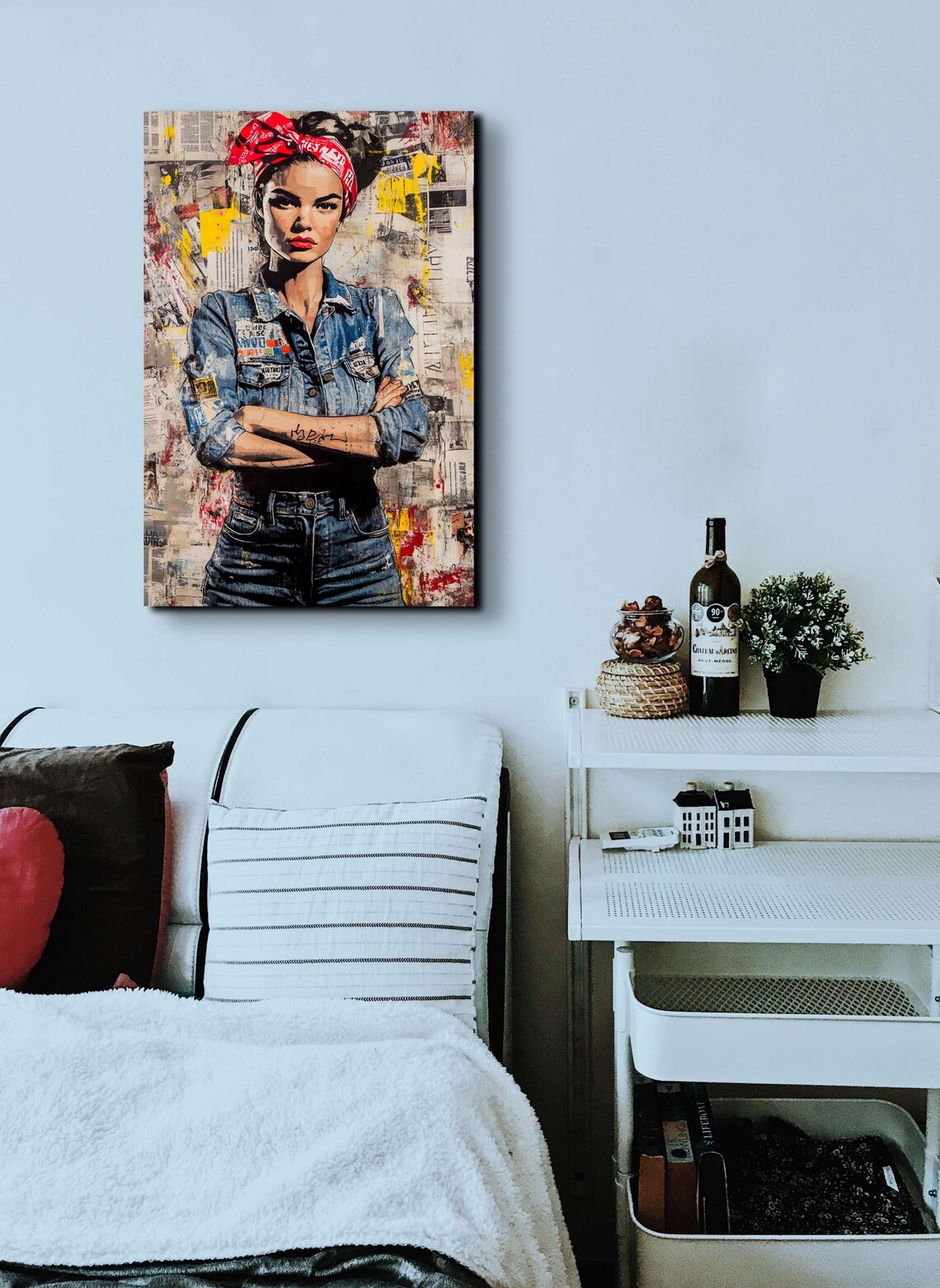 Rosie The Riveter Denim Street Art Portrait Red Bandana Art Poster - Image 4