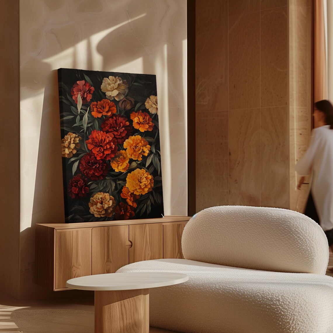Marigold Blooms in Burnt Orange on Black Moody Floral Art Poster - Image 6