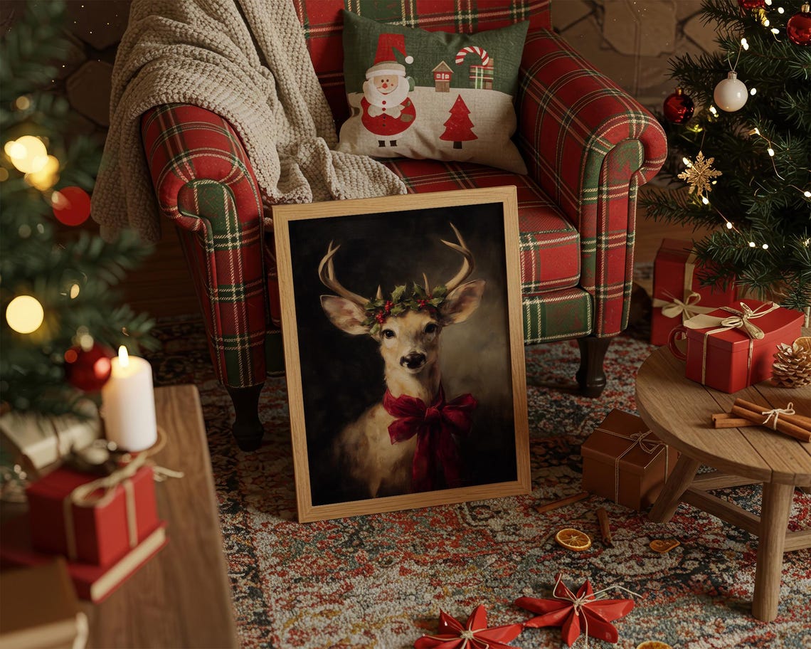 Deer With Holly Crown And Red Christmas Bow Holiday Poster Art