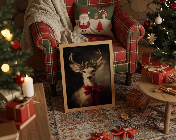 Deer With Holly Crown And Red Christmas Bow Holiday Poster Art