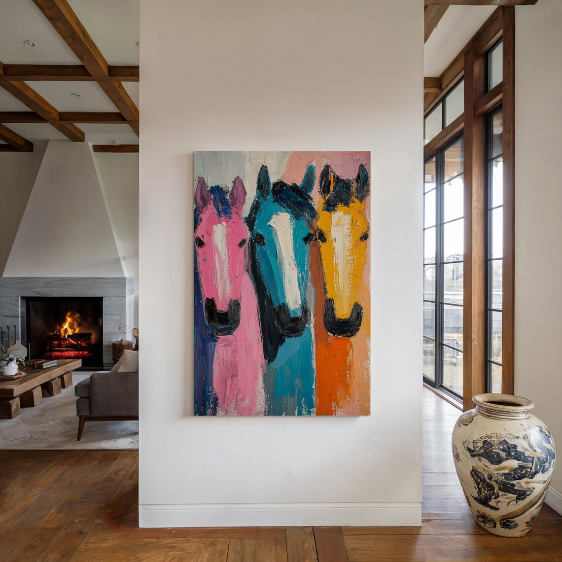 Bold Abstract Horse Trio Pink Blue Yellow Brush Stroke Poster - Image 6