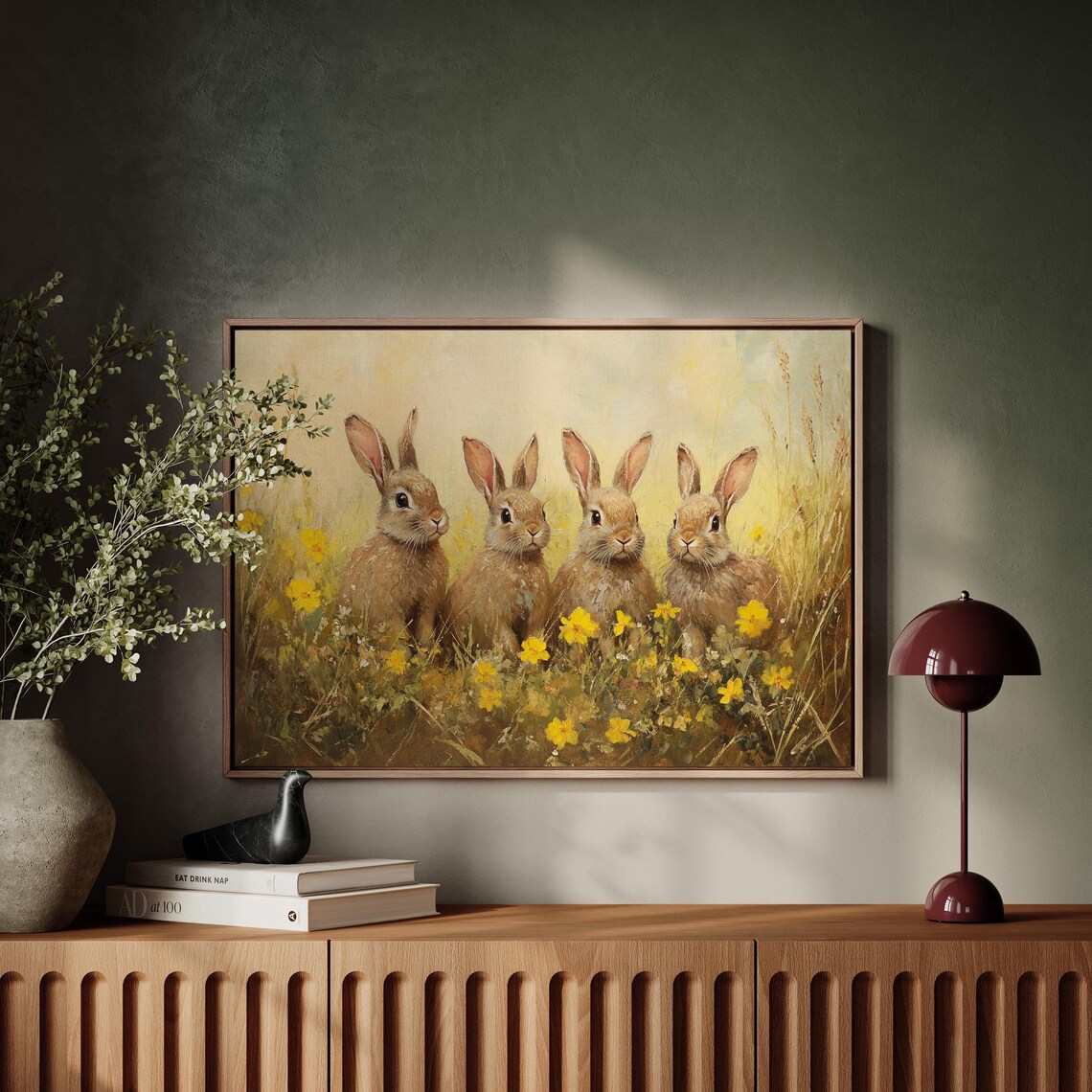 Adorable Rabbits In Meadow, Rustic Spring Art - Image 4