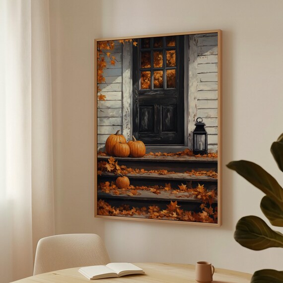Fall Front Porch With Pumpkins Lantern And Autumn Leaves Decor Wall Art