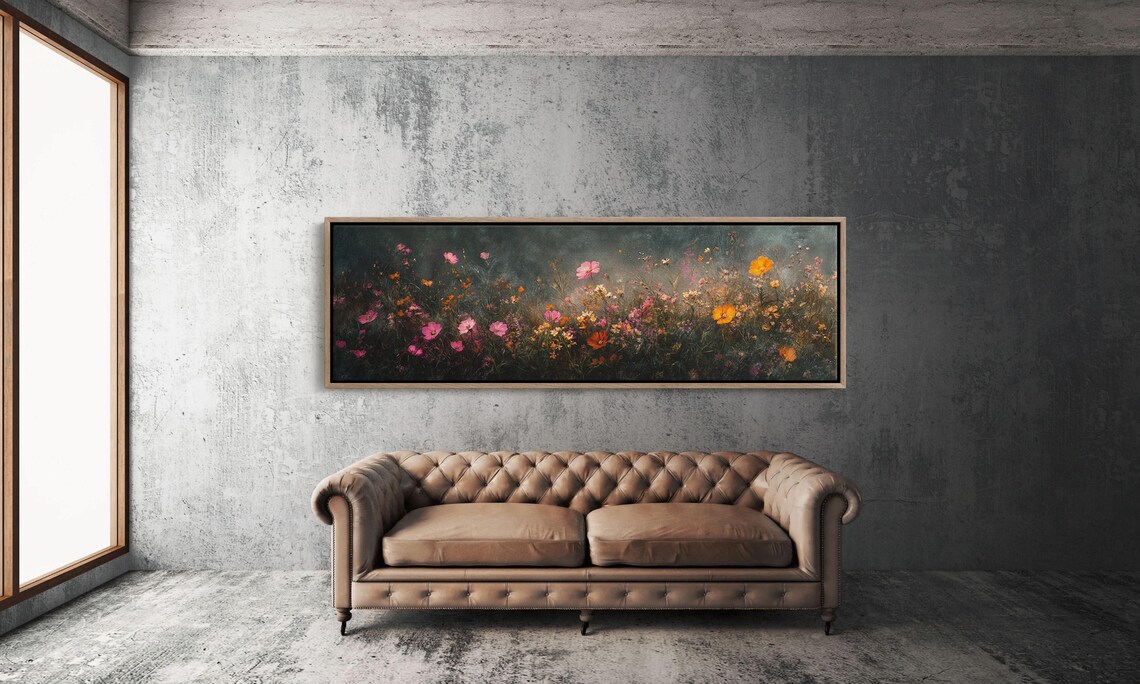 Moody Dark Wildflower Field Pink Cosmos Orange Poppies Vintage Poster - Image 3
