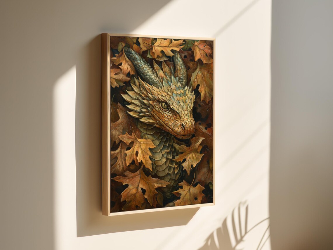 Golden Dragon Among Autumn Leaves Fantasy Art Painting Poster - Image 6